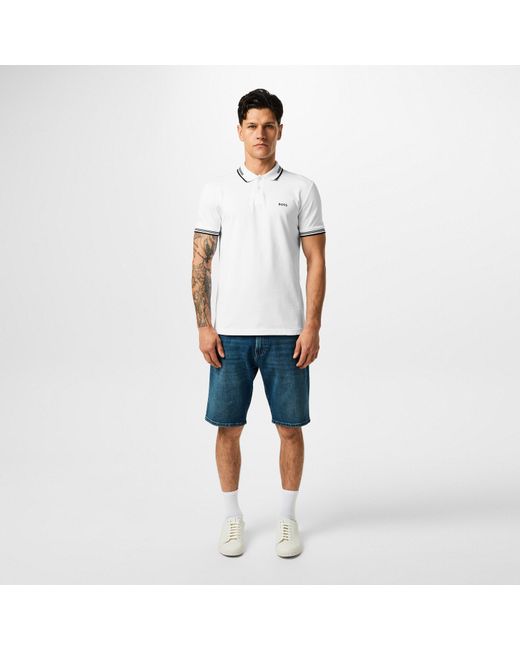 Boss White Paul Contrast Striped Trim Short Sleeve Polo Shirt for men