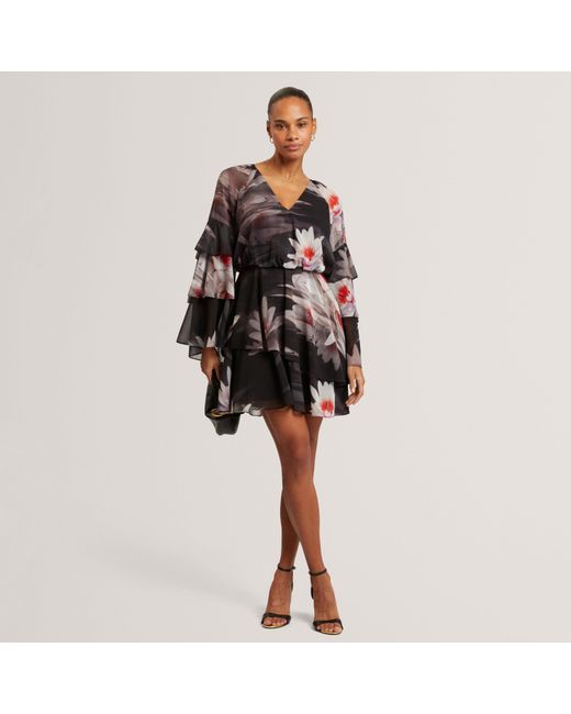 Ted Baker Black Lily Print Frilled Long Sleeve Mini Dress