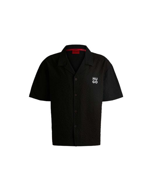 HUGO Black Chaffle Waffle Beach Shirt for men
