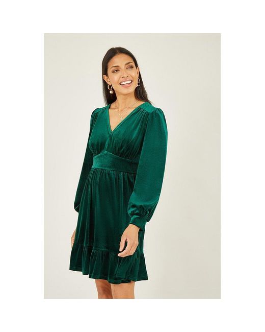 Mela London Green Velvet Long Sleeve Skater Dress