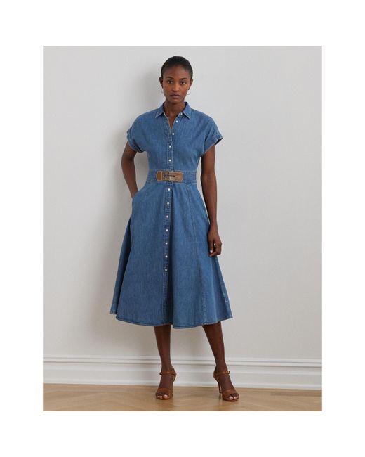 Ralph Lauren Blue Buckle-Trim Denim Shirt Dress