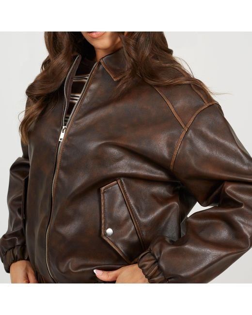 Brave Soul Brown Bs Vintage Finish Faux Leather Bomber With Collar