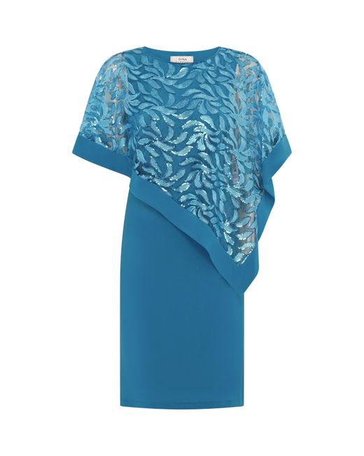 Gina Bacconi Blue Darlene Embroidered Cape Dress