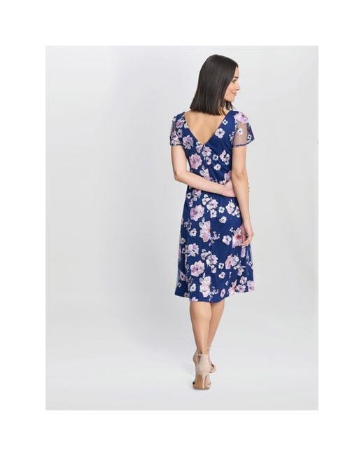 Gina Bacconi Blue Mylene Embroidered Floral A-Line Dress