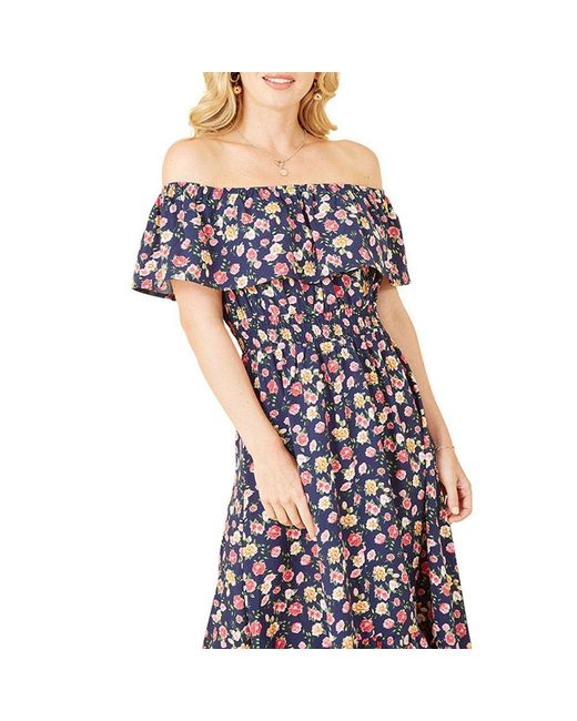 Mela London Blue Bardot Floral High Low Maxi Dress