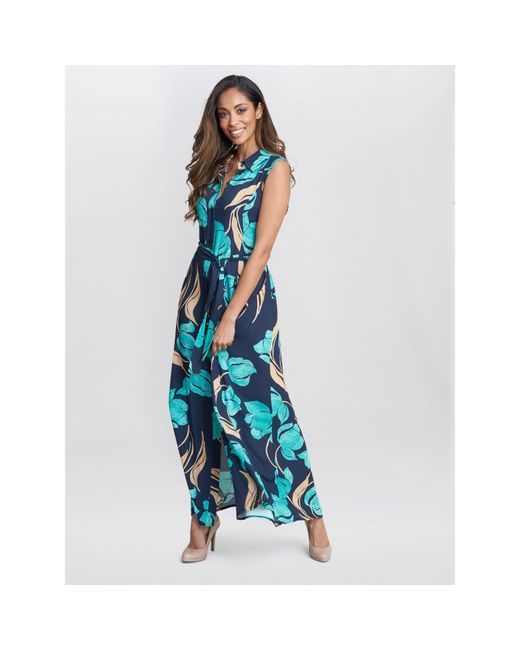 Gina Bacconi Blue Ariel Long Sleeveless Shirt Dress