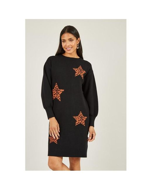 Yumi' Black Intarsia Star Knitted Tunic Dress