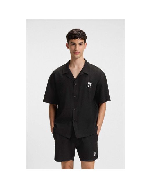 HUGO Black Chaffle Waffle Beach Shirt for men