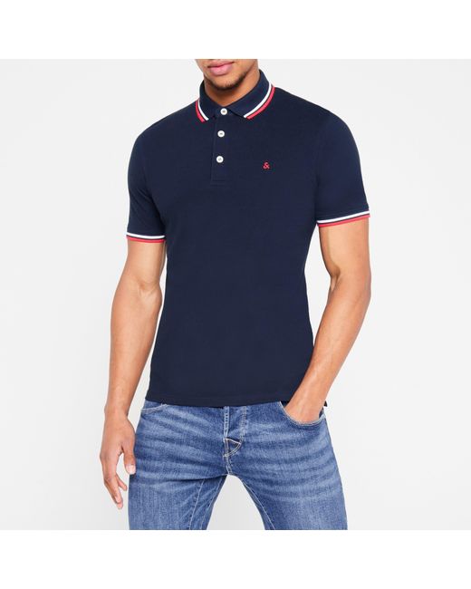 Jack & Jones Blue Paulos Tipped Pique Short Sleeve Polo Shirt for men