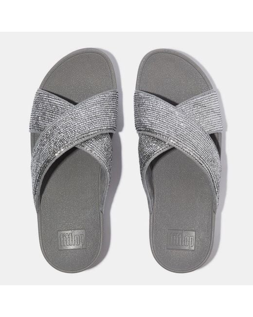 Fitflop Gray Lulu Crinkled-Shimmer Cross Sliders