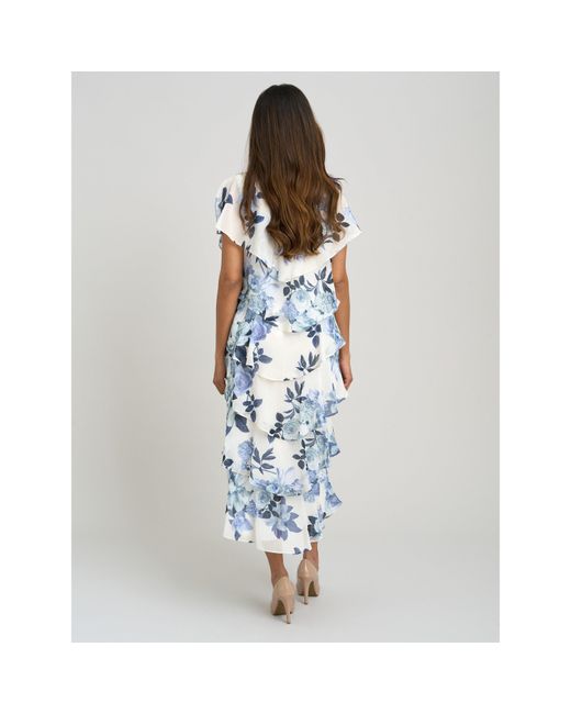 Gina Bacconi Blue Morgan Midi Printed Tiered Chiffon Dress
