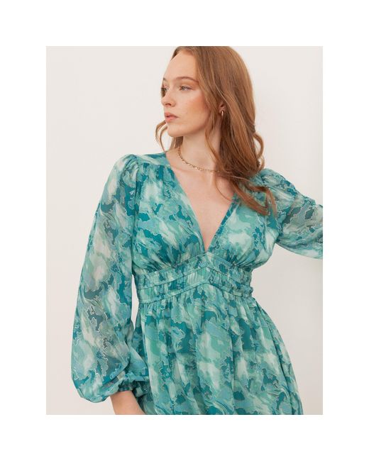 Lovedrobe Blue Abstract Print Maxi Sleeve Shirred Empire Waist Mini Dress