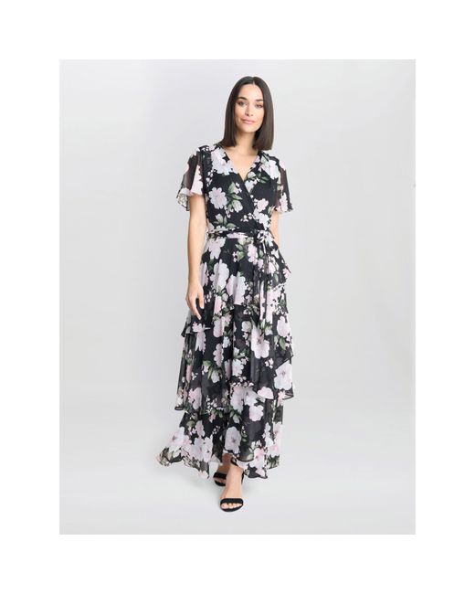Gina Bacconi White Sally Printed Maxi Tiered Dress