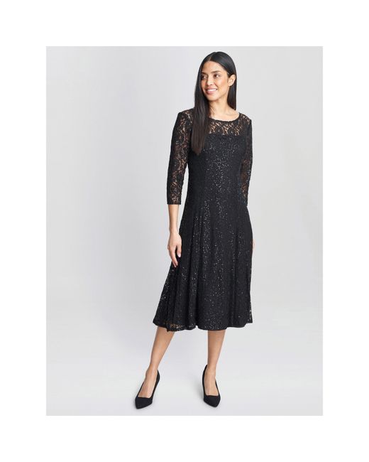 Gina Bacconi Black Elianna Midi Sequin Lace Cocktail Dress
