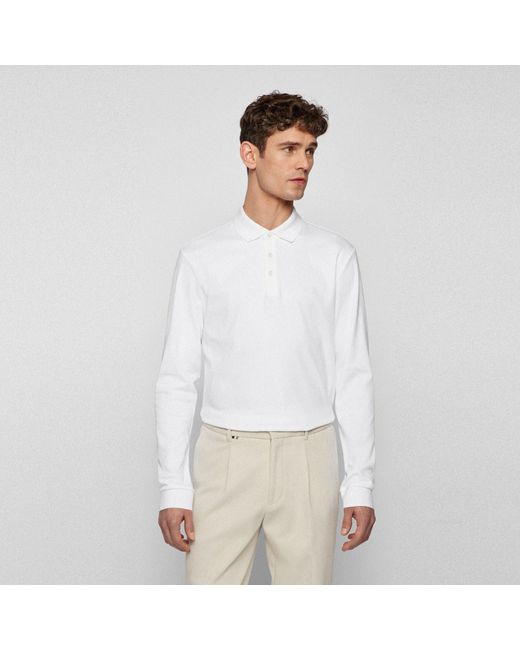Boss White Hbb Pado 30 Long-Sleeve Polo Shirt, Iconic Logo Embroidered for men