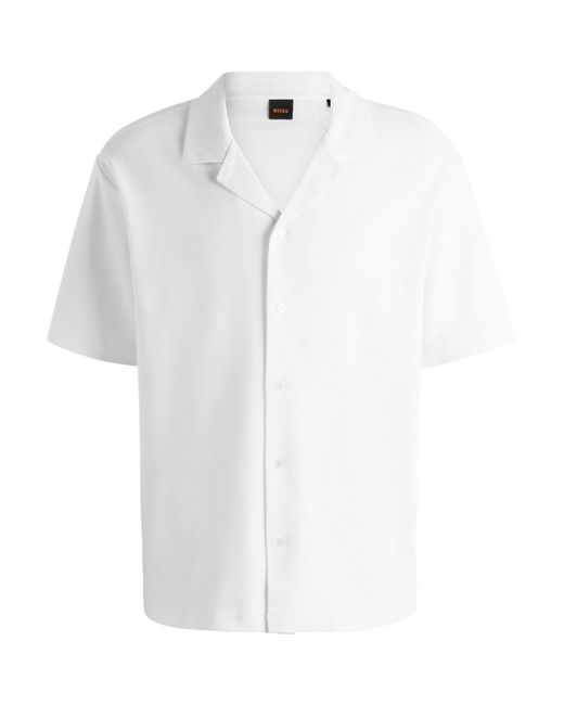 Boss White Embroidered Waffle Bowling Shirt for men