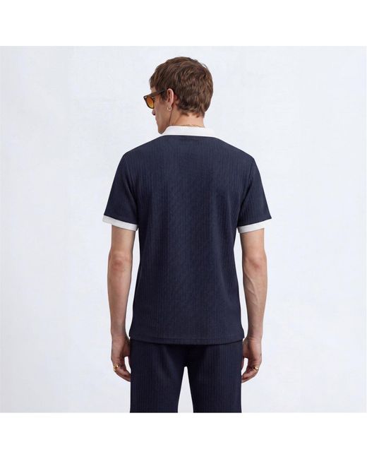 Twisted Tailor Blue Henry Textured Open Collar Polo for men