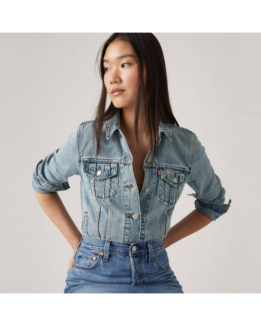 Levi's Blue Ex-Boyfriend Trucker Cotton Long Sleeve Point Collar Denim Jacket