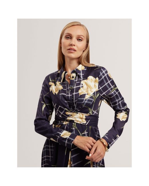 Ted Baker Blue Long Sleeve Print Midi Wrap Dress