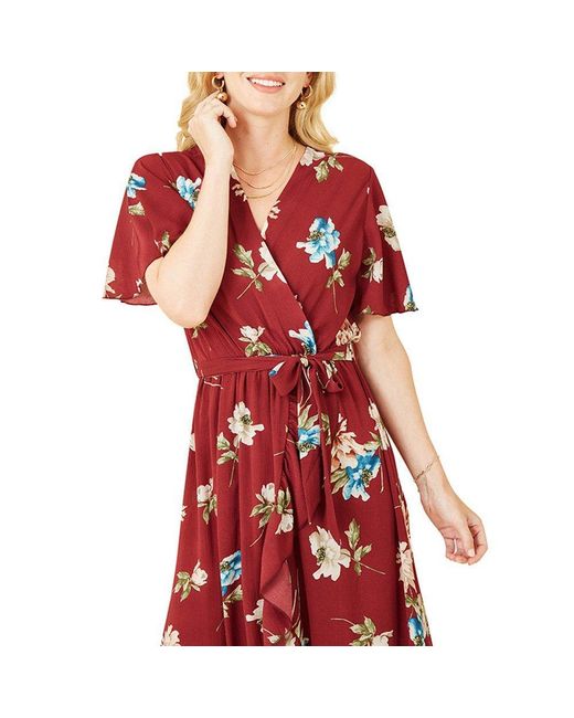 Mela London Red Floral Dip Hem Midi Wrap Dress