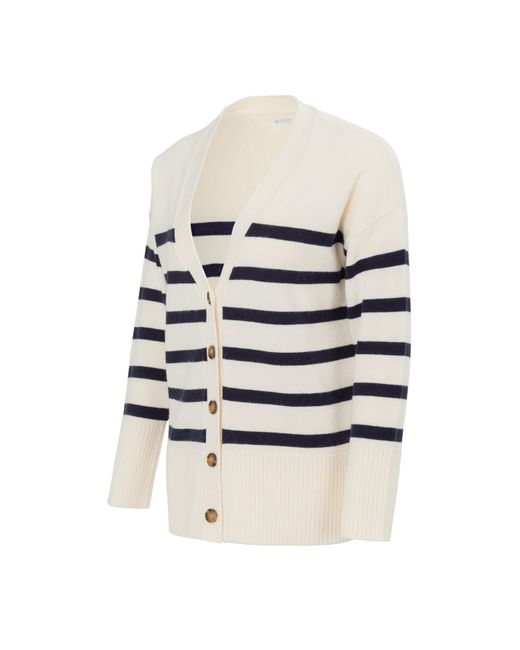 Miso White V-Neck Cuff Stripe Cardigan