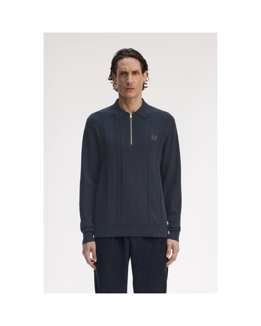 Fred Perry Blue Lsknit Zipped Crew Neck Jumper for men