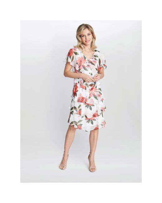 Gina Bacconi White Andie Floral Print Tiered Dress