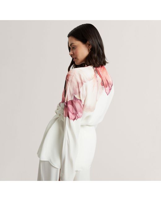 Ted Baker White Print Detail Wrap Front Long Sleeve Blouse