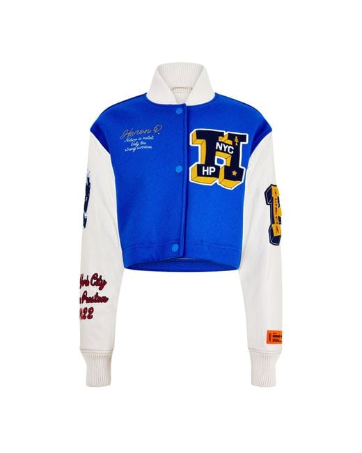 Heron Preston Blue Embroidered Patch Snap-Button Varsity Jacket