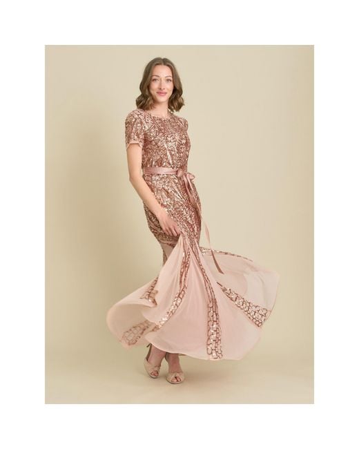 Gina Bacconi Brown Monique Embroidered Sequin Godet Dress