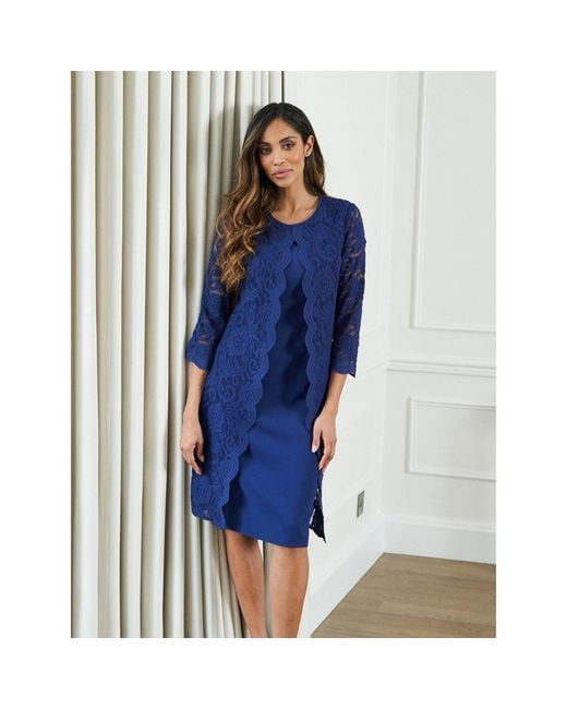 Gina Bacconi Blue Clarabelle Mock Lace Jacket Crepe Dress