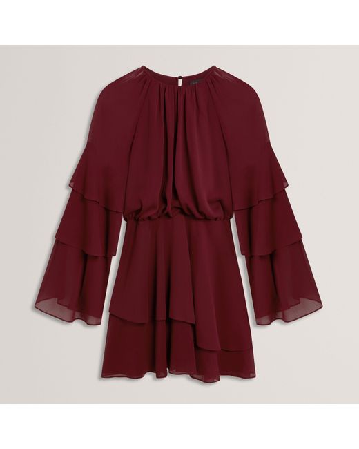 Ted Baker Red Frill Trim Long Sleeve Mini Dress