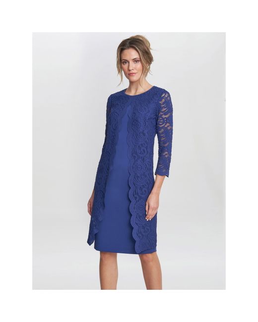 Gina Bacconi Blue Clarabelle Mock Lace Jacket Crepe Dress