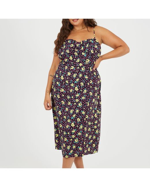 Brave Soul Blue Bs Plus Size Strappy Floral Midi Dress With Split Detail