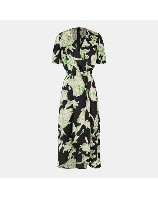 AX Paris Green Floral Printed Short Sleeve Belted Wrap Midi Dress