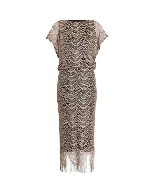 Gina Bacconi Brown Arleen Long Blouson Fringe Hem Dress