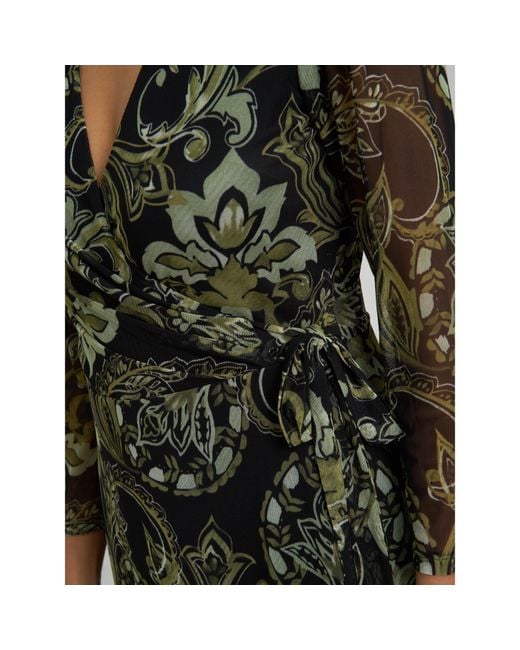 Gina Bacconi Green Chestina Print Mesh Wrap Midi Dress