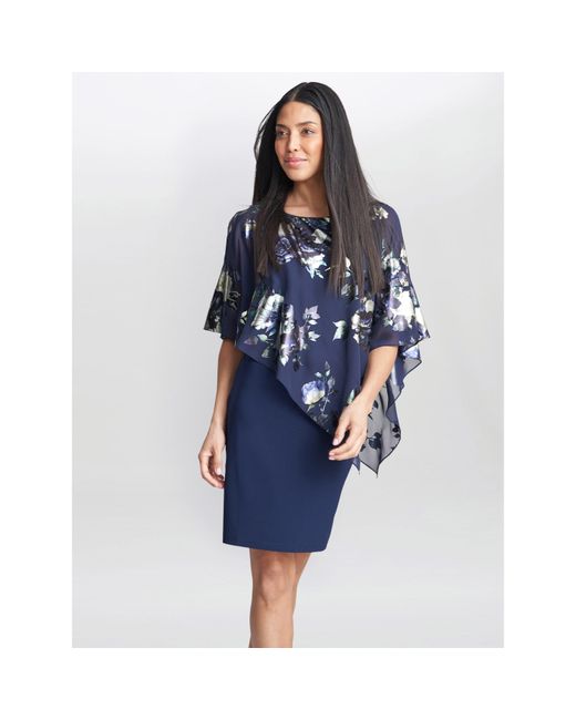 Gina Bacconi Blue Gaby Floral Printed Asymmetric Dress