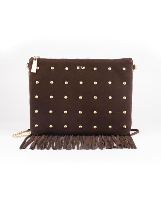 Biba Brown Suede Fringe Studded Pouch