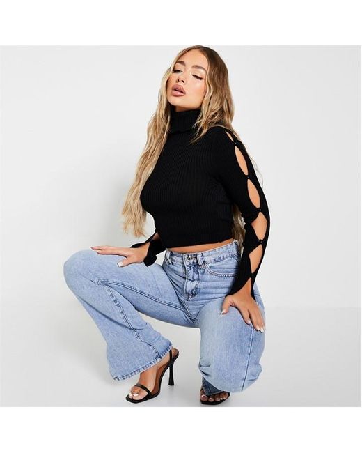 I Saw It First Black Roll Neck Button Up Sleeve Knit Crop Top