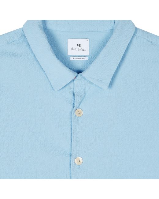 Paul Smith Blue Seersucker Short Sleeve Plain Shirt for men