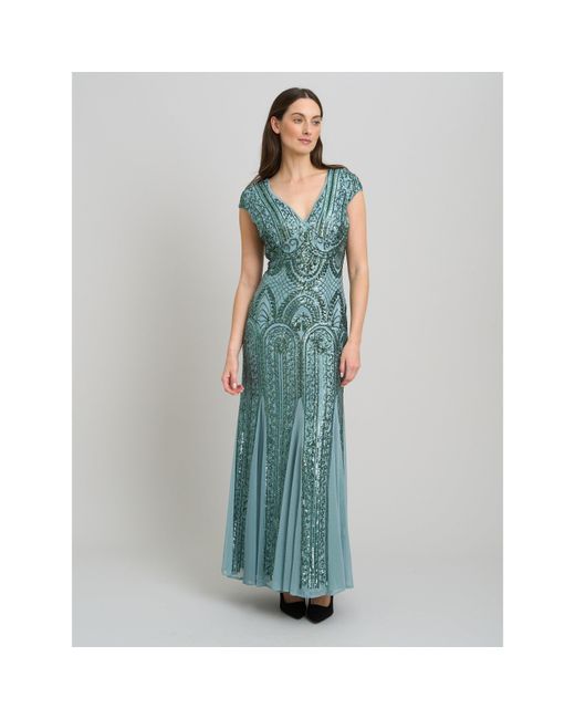 Gina Bacconi Blue Mimsy V Neck Beaded Maxi Dress