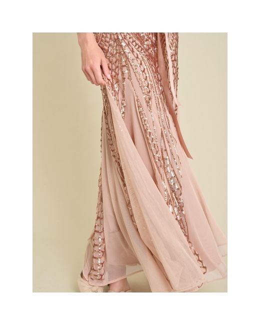 Gina Bacconi Brown Monique Embroidered Sequin Godet Dress