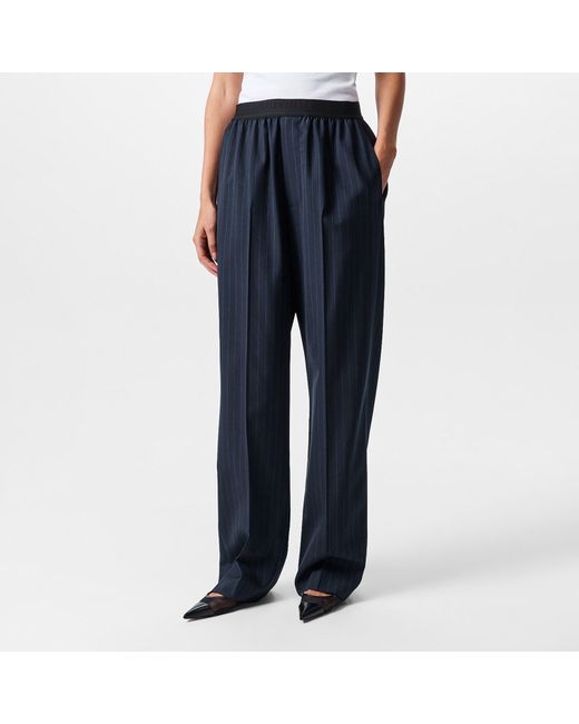 Balenciaga Blue Pinstripe High Rise Relaxed Fit Wide Leg Trousers