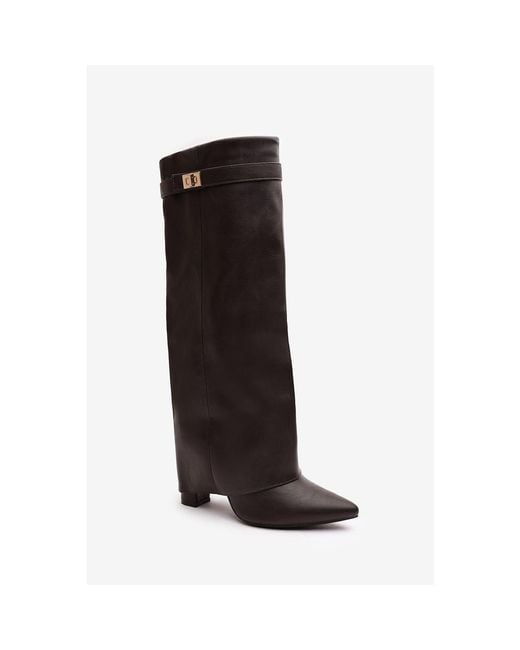 Where's That From Black Where's Fold Over Shark Block Heel Point Toe Boots