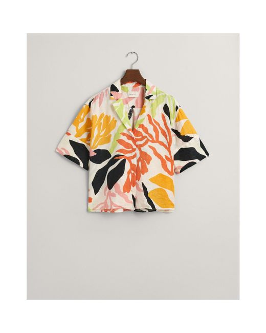 Gant Orange Relaxed Fit Palm Print Linen Short Sleeve Shirt