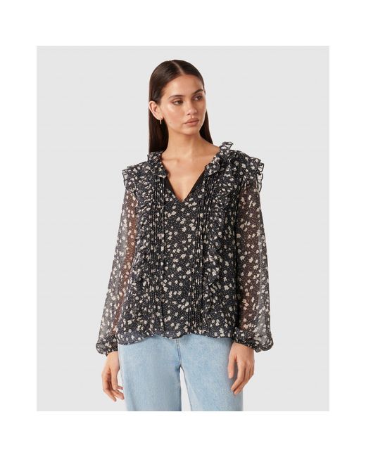 Forever New Blue Cody Ruffle Pintuck Blouse
