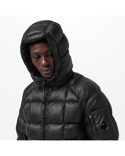 C P Company Black Dd Shell Medium Down Hip Length Hooded Medium Puffer Jacket for men