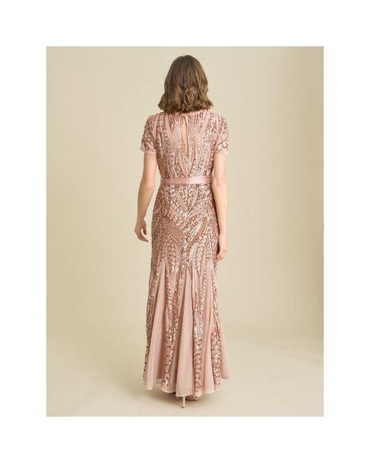 Gina Bacconi Brown Monique Embroidered Sequin Godet Dress
