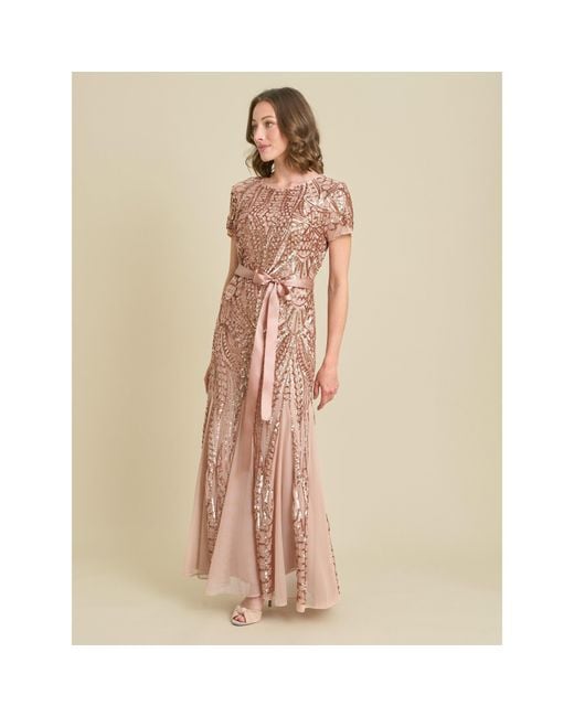 Gina Bacconi Brown Monique Embroidered Sequin Godet Dress
